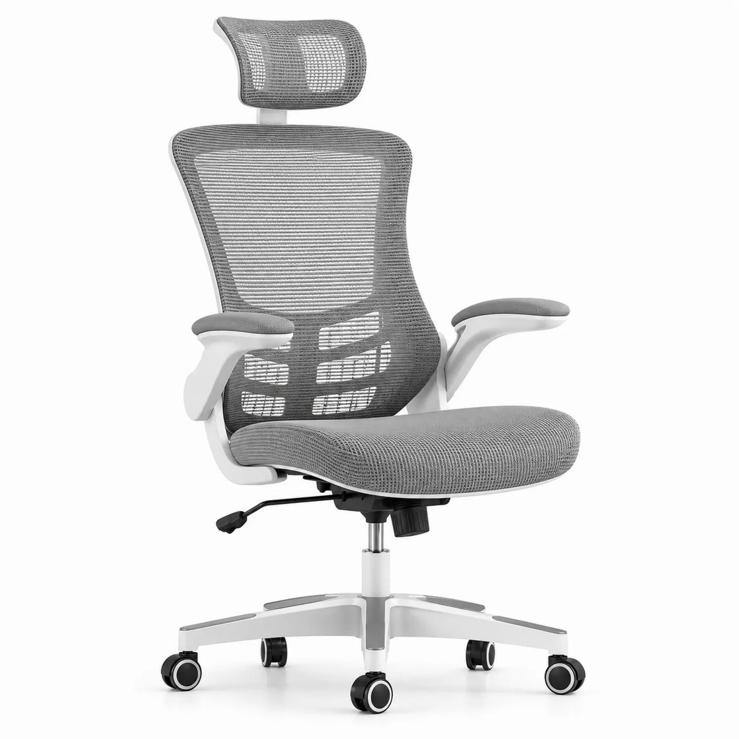 Sedia ergonomica in rete grigia con poggiatesta e braccioli regolabili