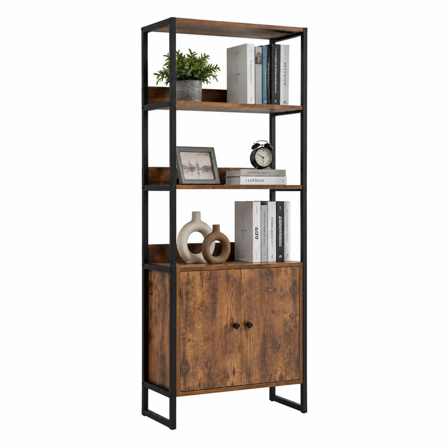 Libreria in Legno MDF e Metallo Nero con 4 Ripiani e Armadio