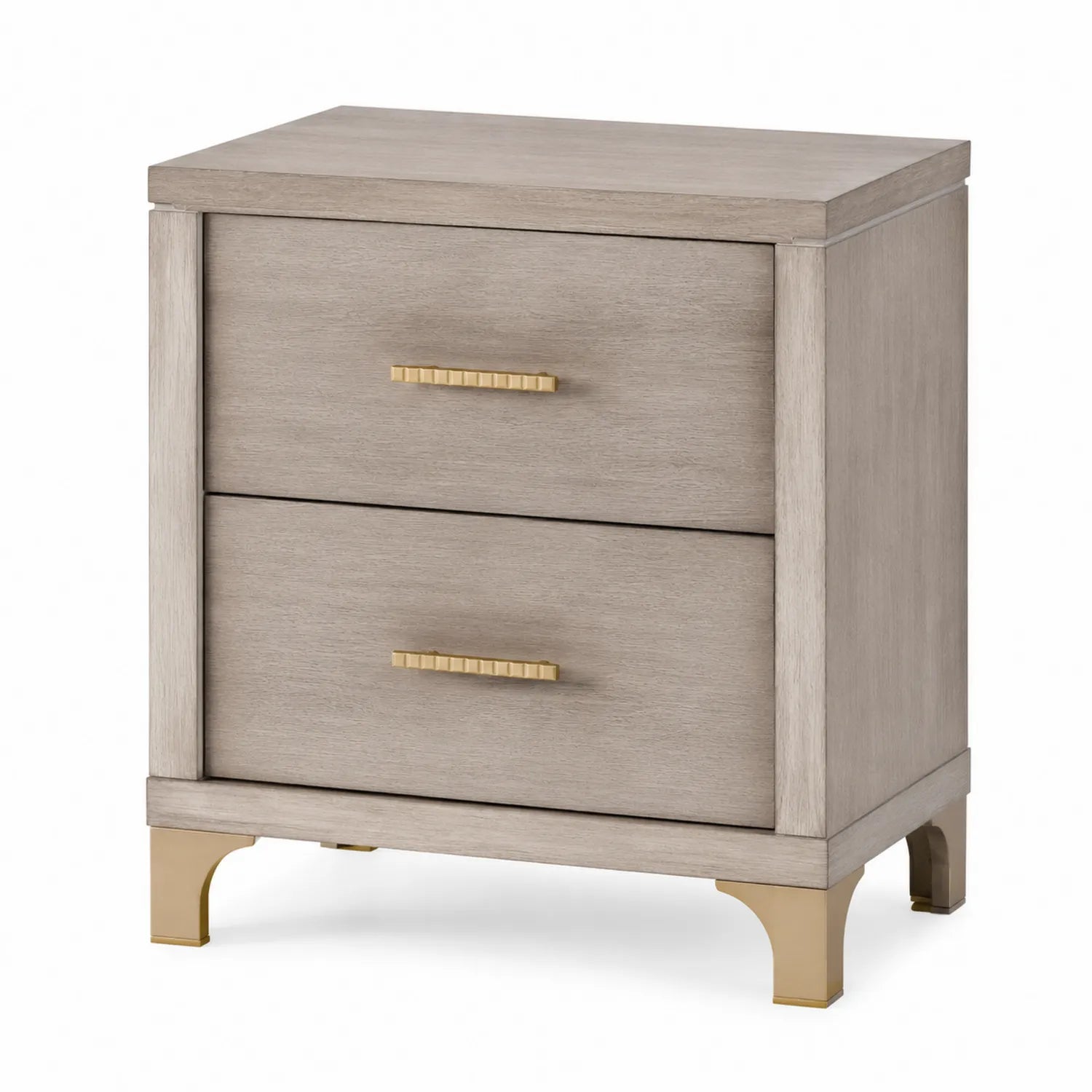 Comodino in legno a due cassetti grigio con maniglie oro