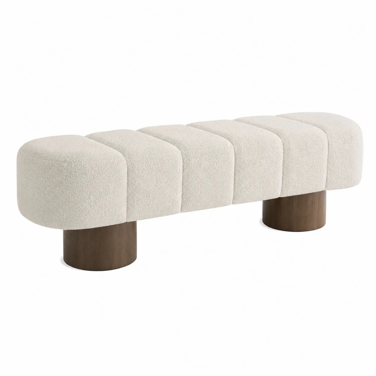 Panca in Tessuto Bouclé Beige con Gambe in Legno