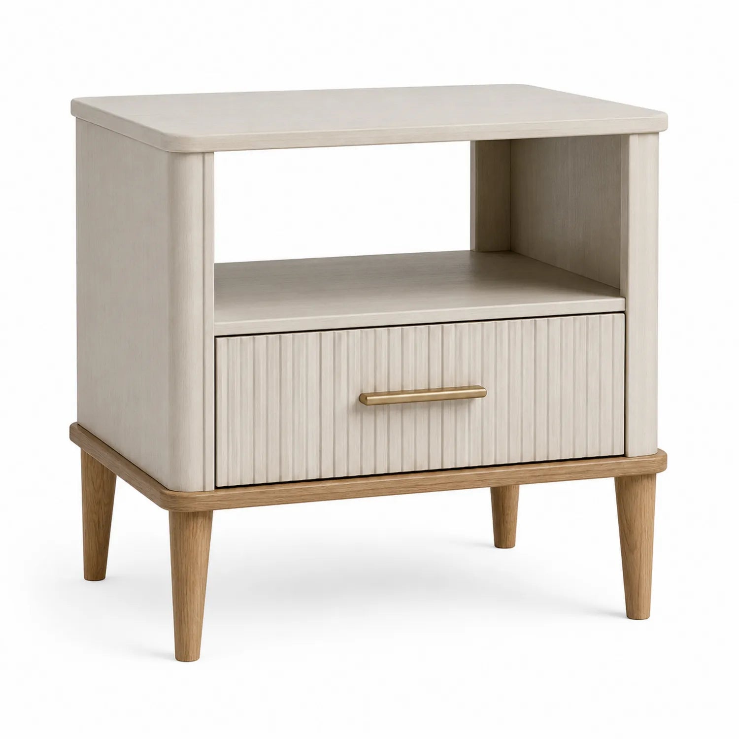 Comodino in legno con cassetto e ripiano aperto Beige