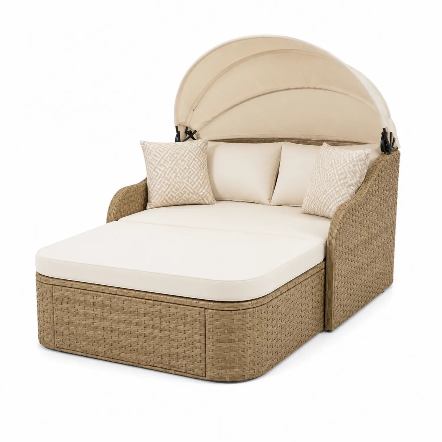 Lettino da Esterno in Rattan con Copertura Regolabile e Cuscini Beige
