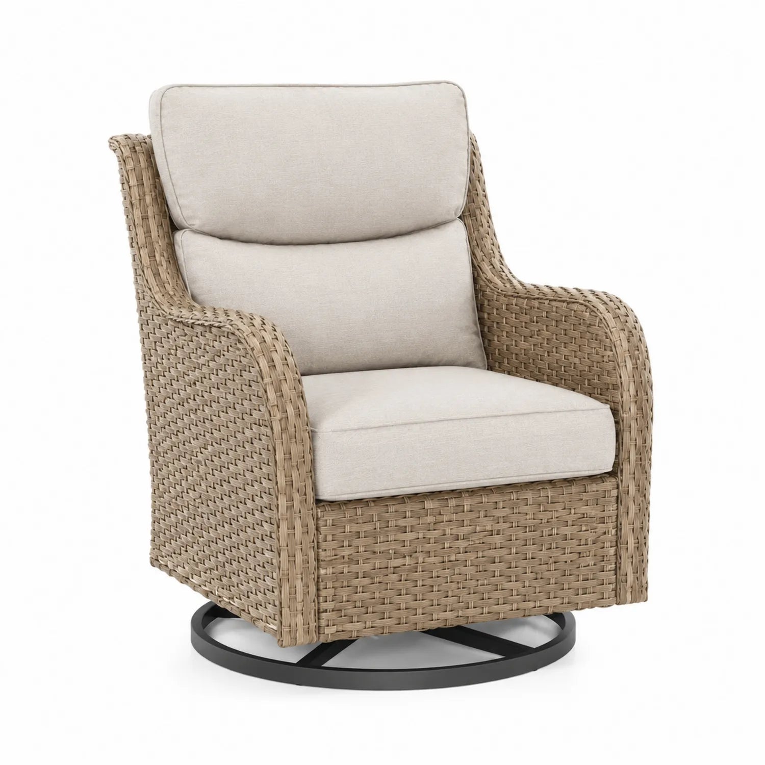 Poltrona girevole in rattan con cuscini crema