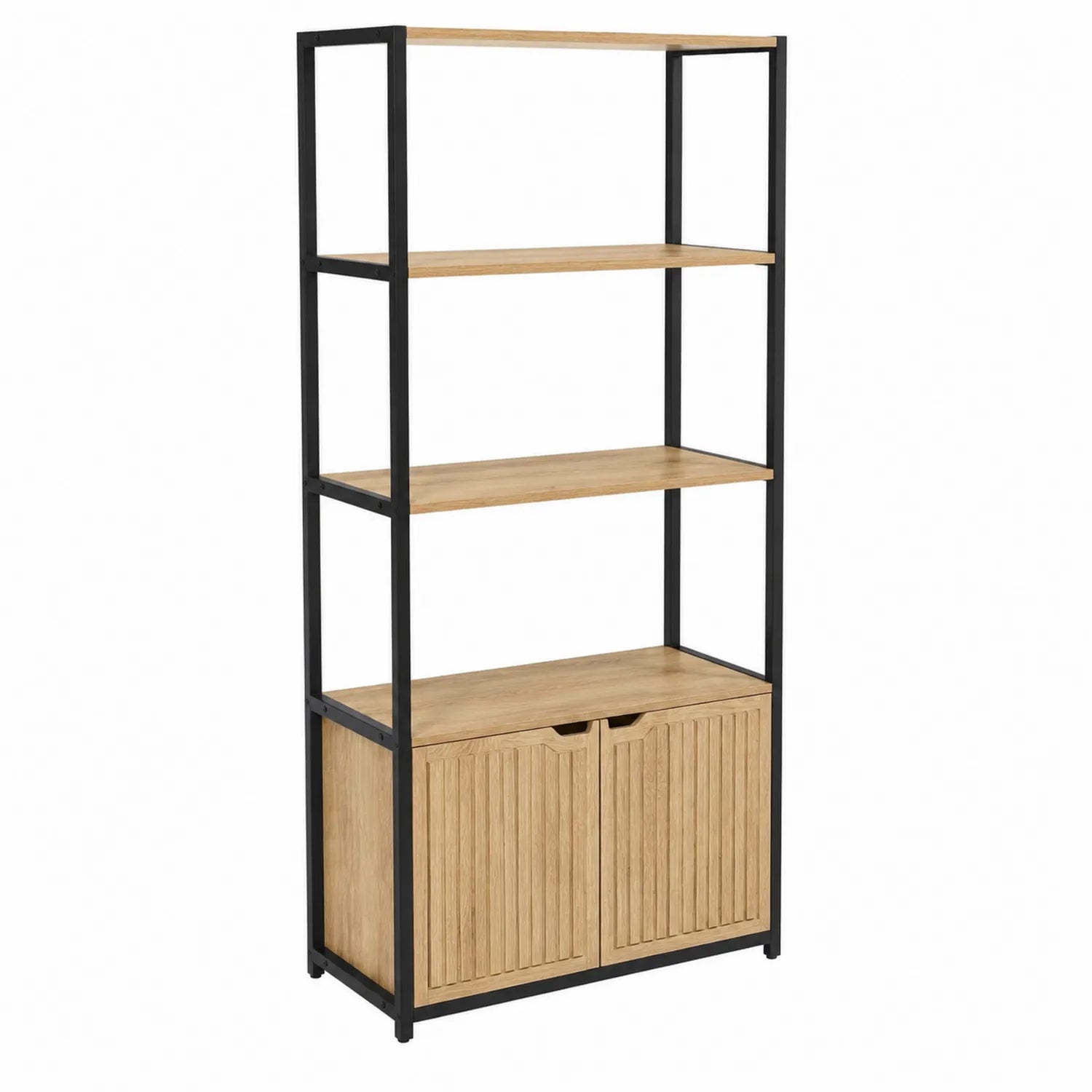 Libreria in Metallo Nero e Legno Naturale con Scaffali e Ante 180x90x30 cm
