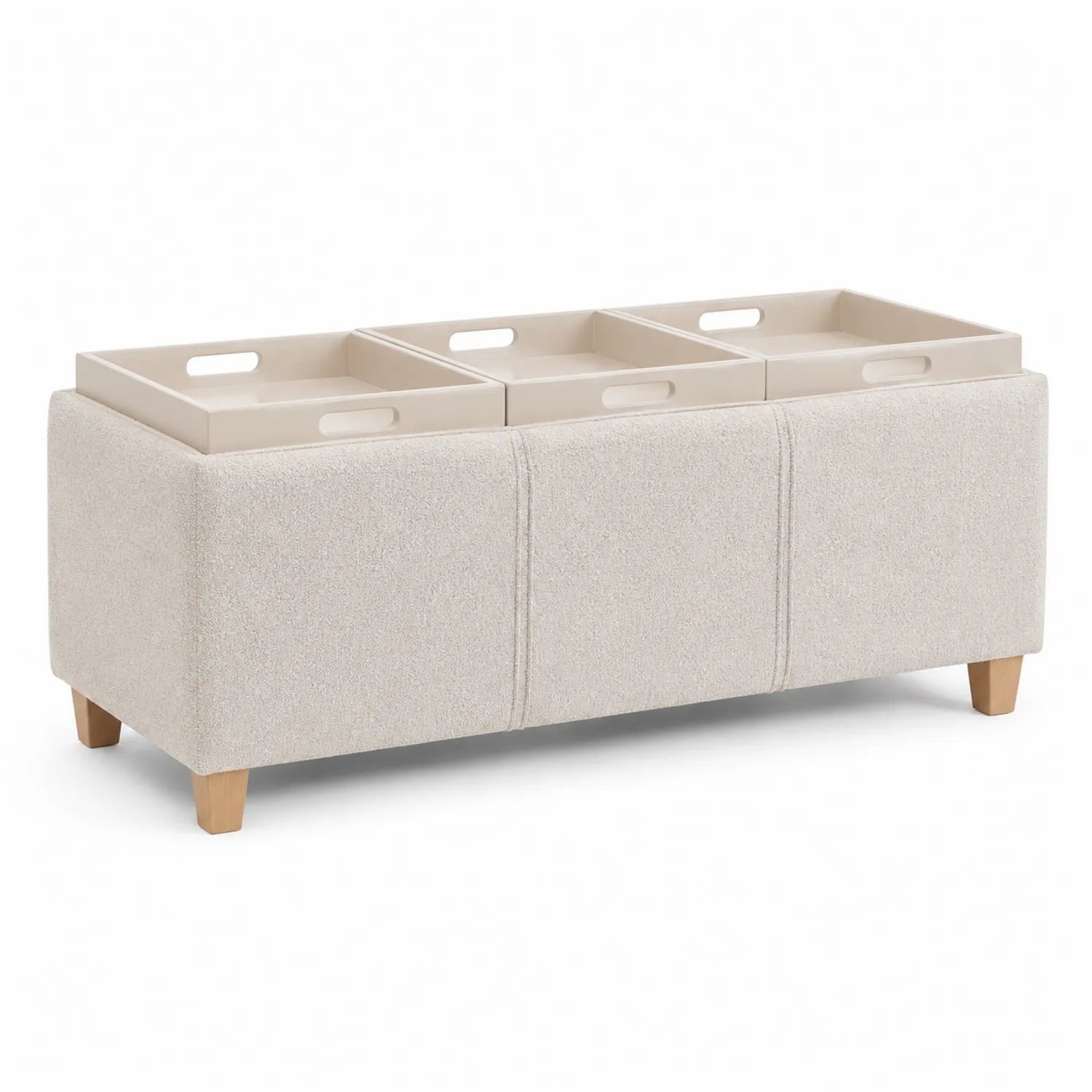 Panca contenitore in tessuto beige con vassoi rimovibili