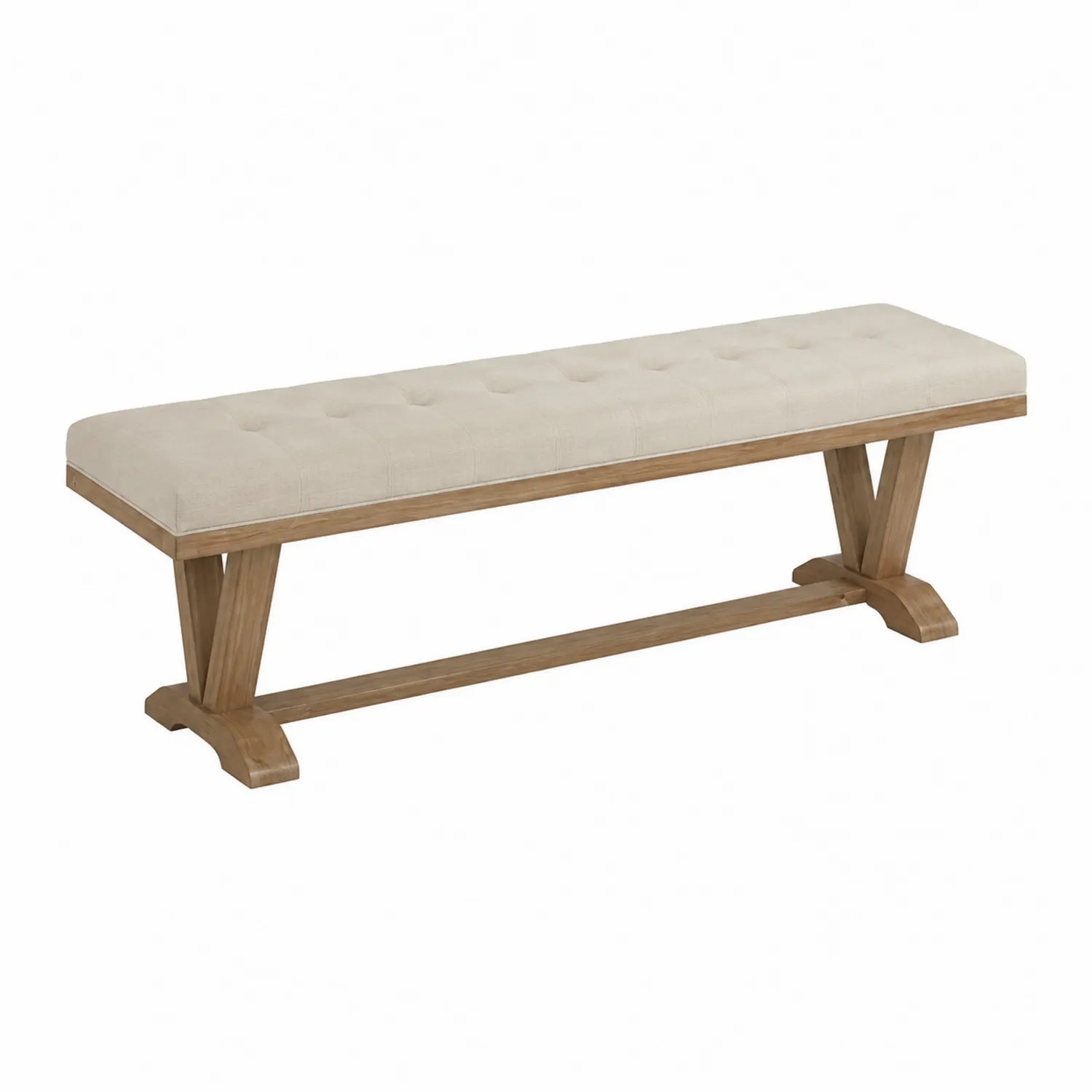 Panca in legno con seduta in tessuto beige 150x40x45 cm