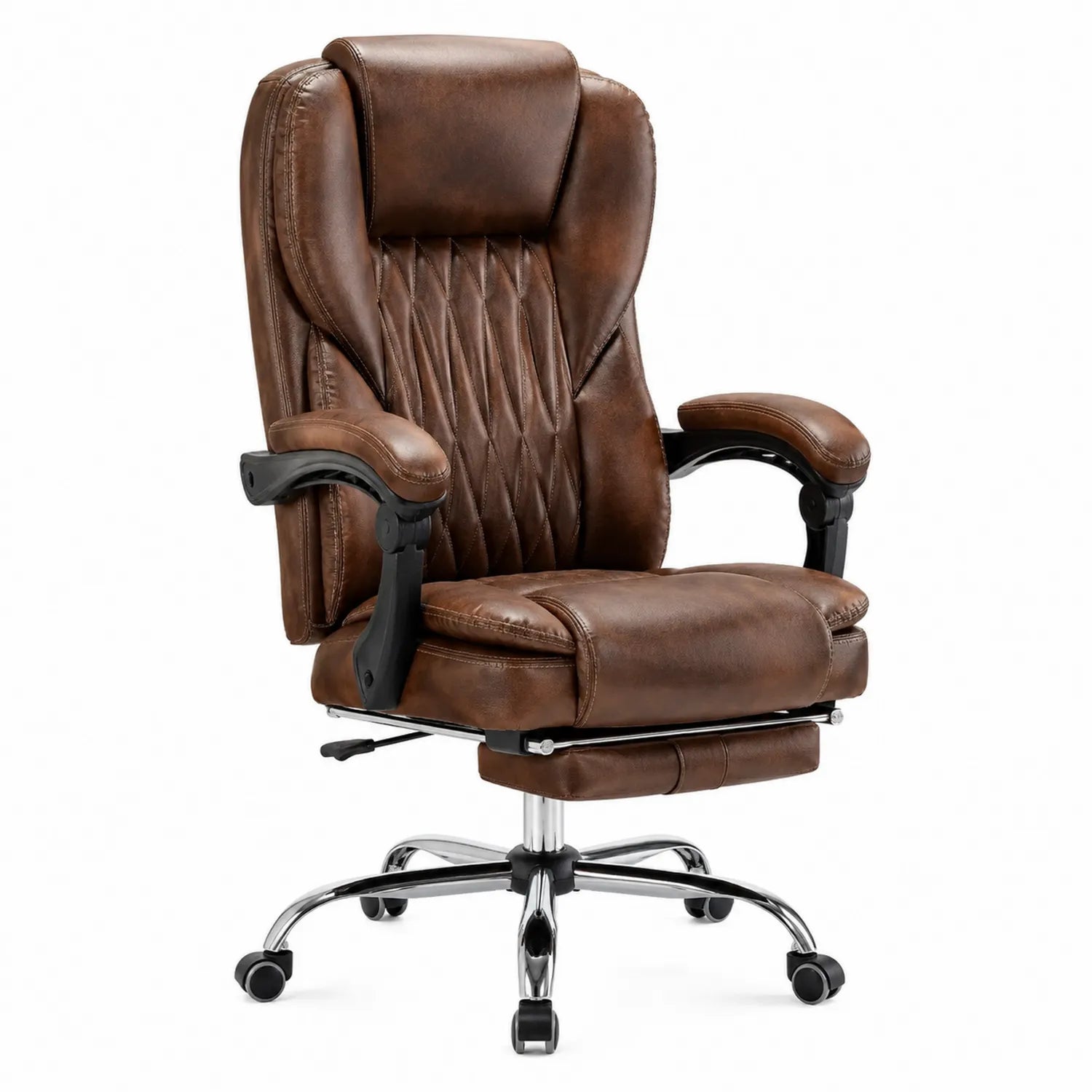 Sedia da ufficio in pelle sintetica marrone con base girevole cromata